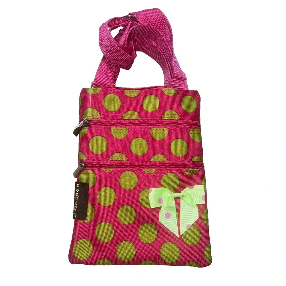J Garden Polka Dot Crossbody Bag Pink Green Multi Pocket 10x7